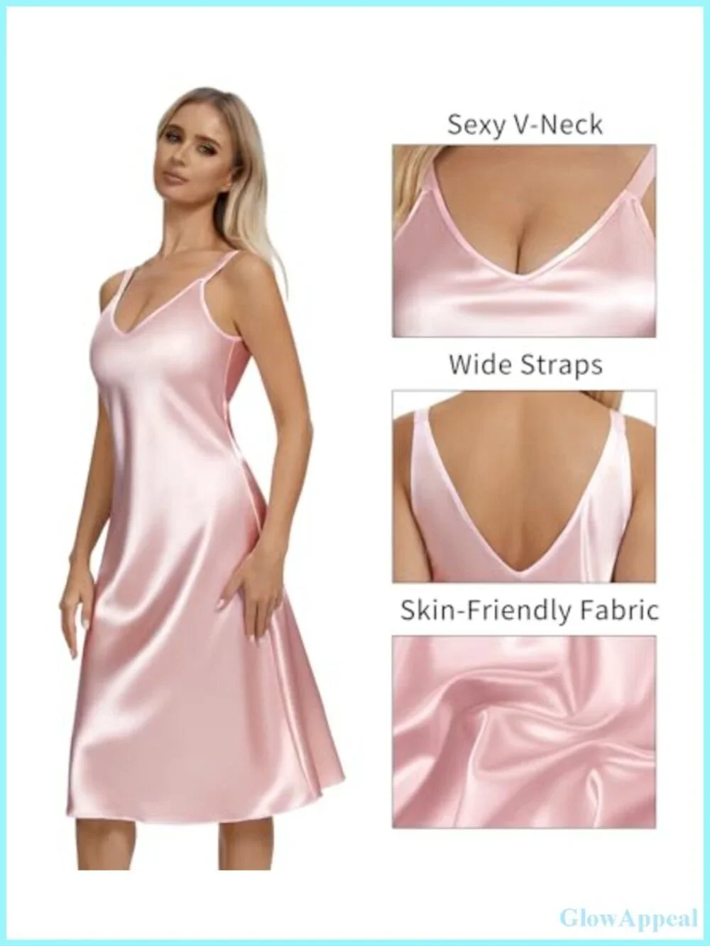 Women's Satin Sleeveless Nightgown V-Neck Slip Dress Wide Strap Lounge Wear